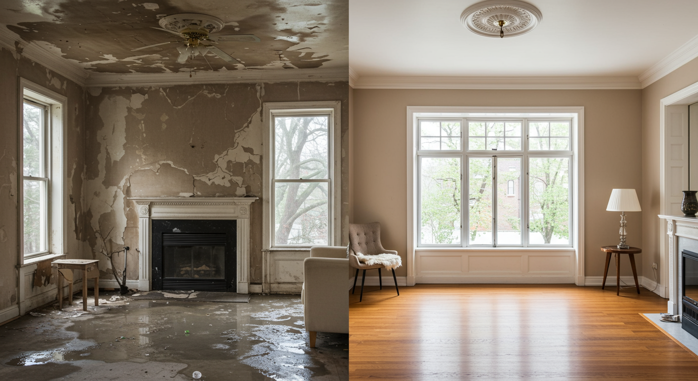 A split image showcasing a room affected by water damage on one side and the same room beautifully restored on the other. The transformation highlights the effectiveness of restoration services.