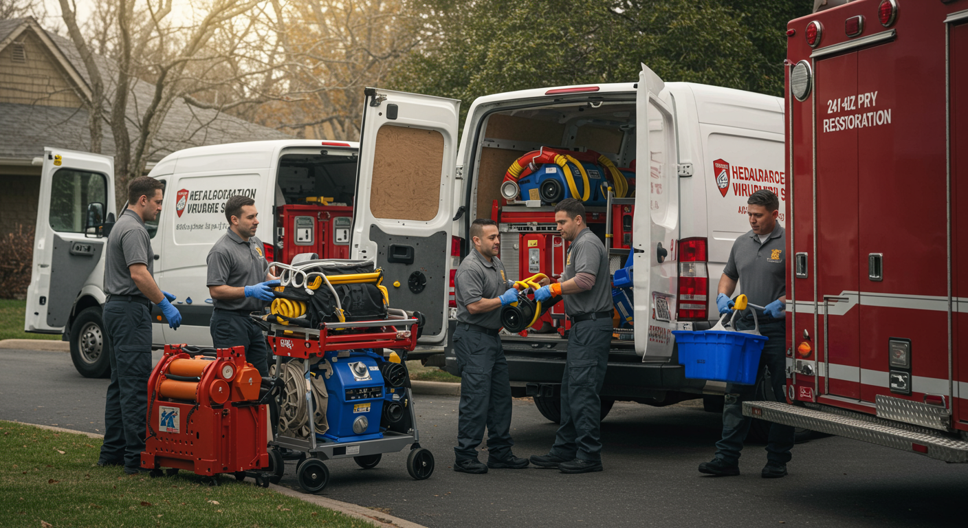 A team of restoration professionals loading equipment into a van, ready to respond to an emergency call in Covington, KY.