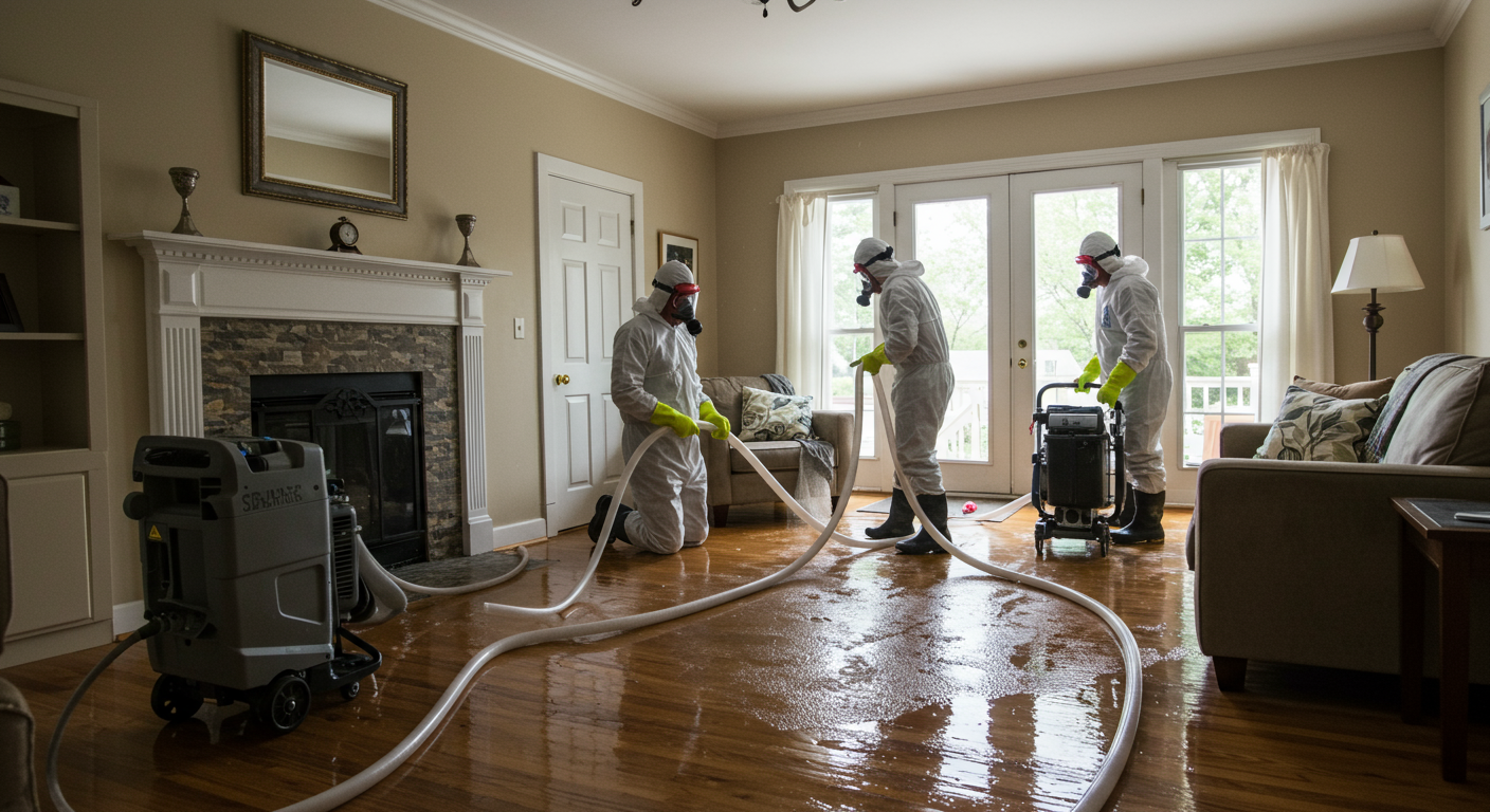 A dedicated restoration team in action, wearing protective gear, working diligently to remove water from a flooded living room. The scene shows equipment like pumps and dehumidifiers in use.