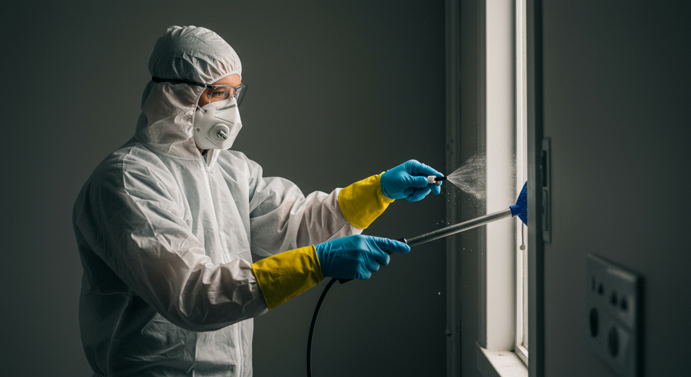 Professional emergency cleaner in Covington, KY, sanitizing a biohazard area.