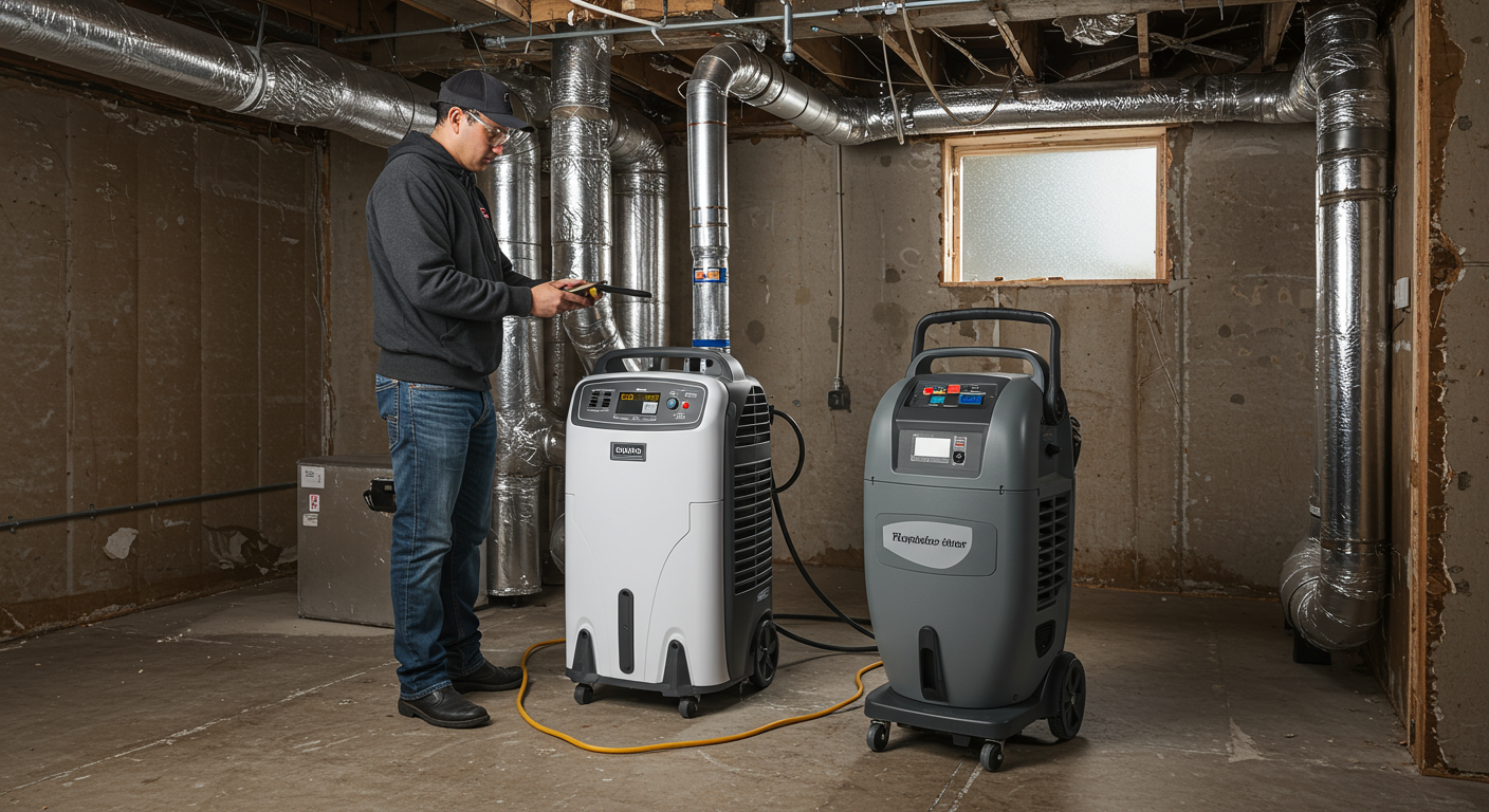 A technician setting up industrial dehumidifiers and air movers in a basement with visible water damage. The equipment is running, and the technician is checking the settings.