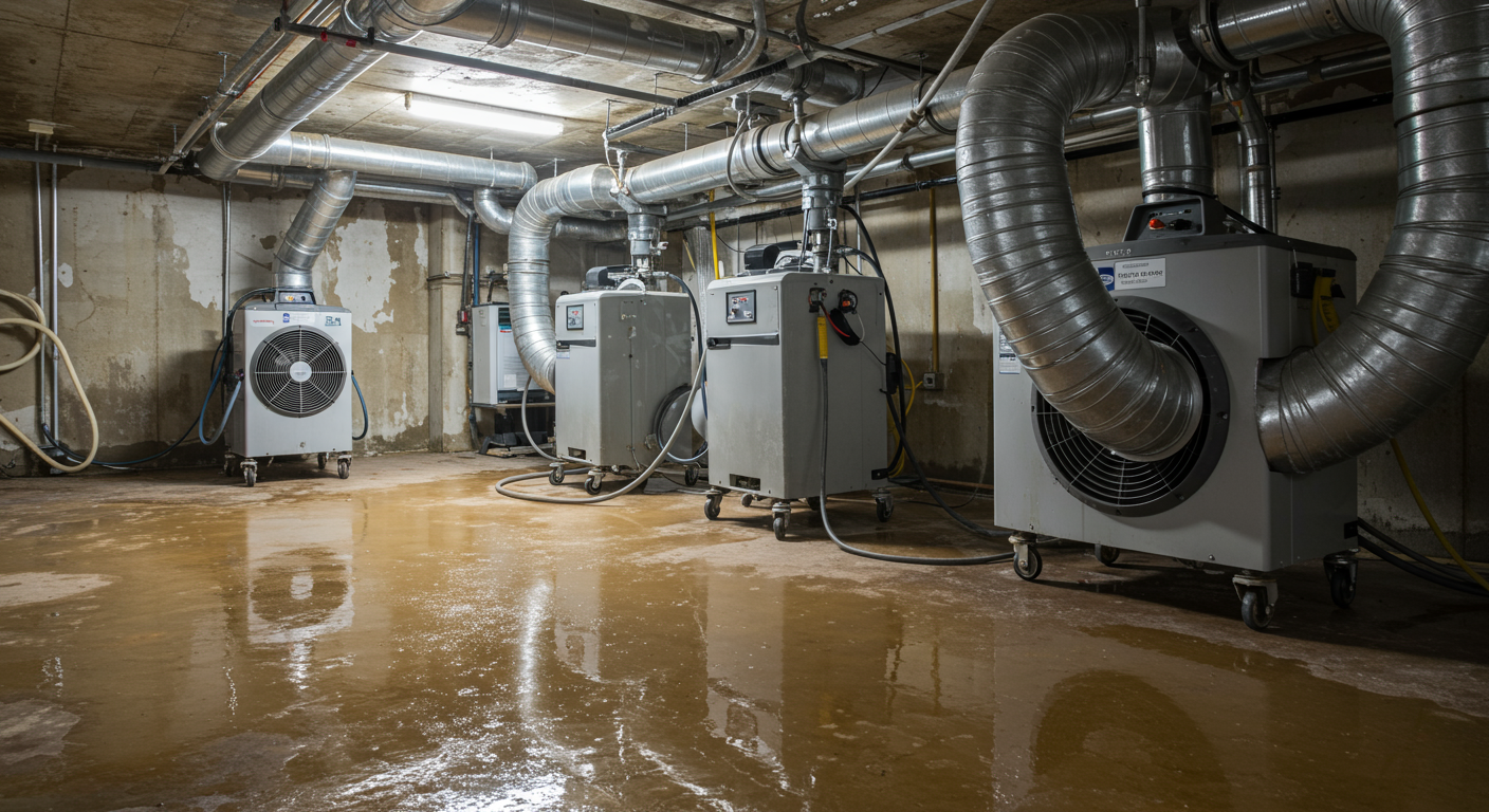 A close-up of industrial drying fans and dehumidifiers placed in a water-damaged basement. The equipment is actively running, with visible airflow effects. The floor shows signs of drying, with a damp area transitioning to a dry surface.