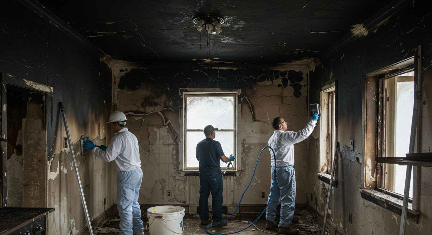 A team of restoration professionals cleaning and repairing a fire-damaged kitchen. The walls are blackened with soot, and the team is using specialized cleaning tools and equipment. One technician is inspecting the damage, while another is scrubbing the walls.