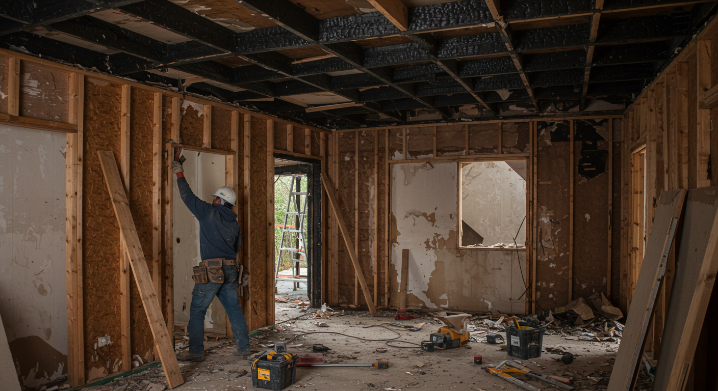 A team of professional fire damage restoration workers in protective gear cleaning a fire-damaged living room.