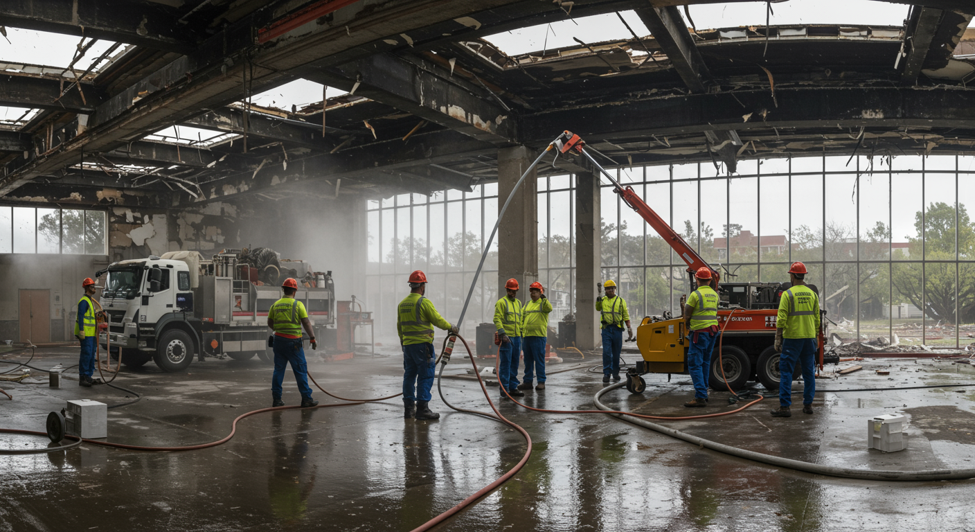 A wide-angle shot of a restoration team working on a large commercial property. The team is seen using advanced equipment to address water and fire damage.