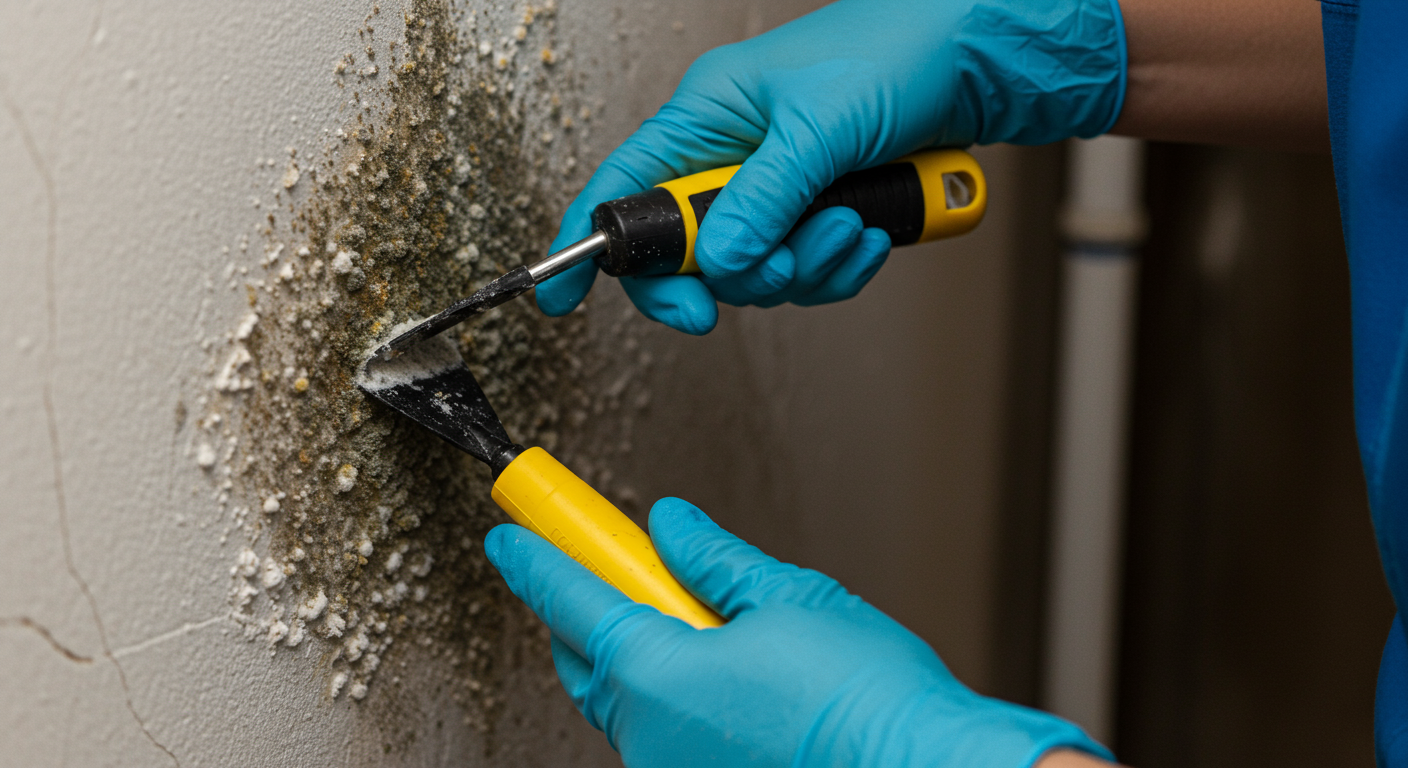 A professional removing mold from a damp basement wall using specialized tools.