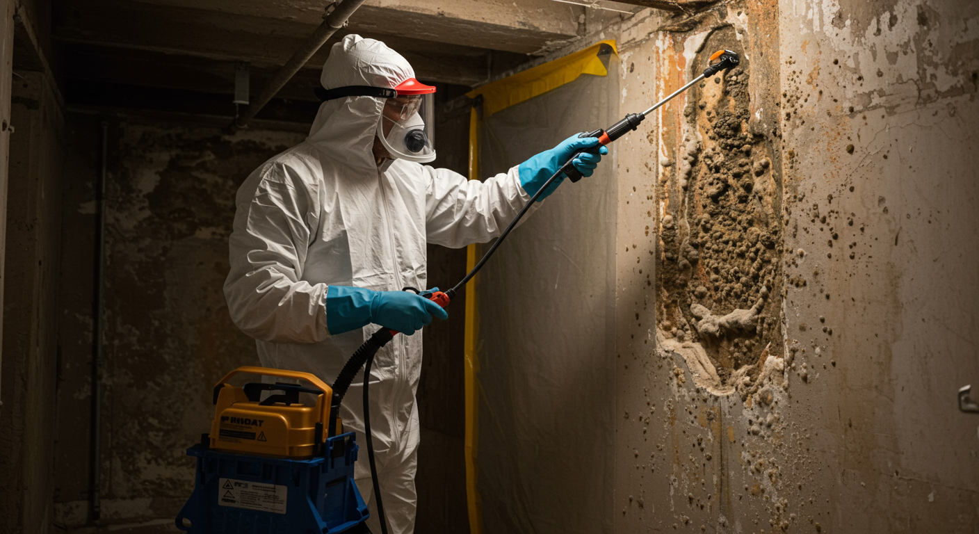 A technician in protective gear inspecting and treating mold growth on a basement wall. The image shows mold removal tools, HEPA filters, and containment barriers in use.