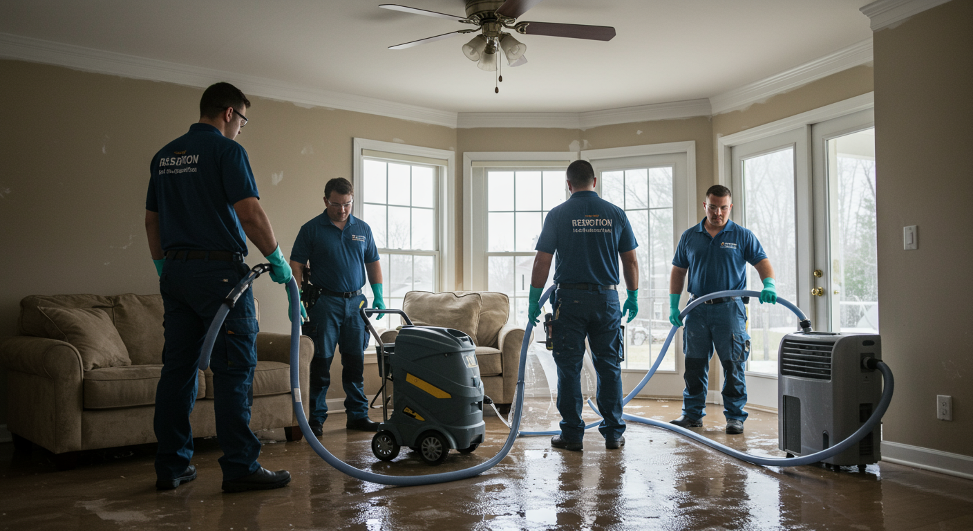 A team of professional restoration workers in uniforms using advanced equipment like water extractors and dehumidifiers to address water damage in a residential living room.