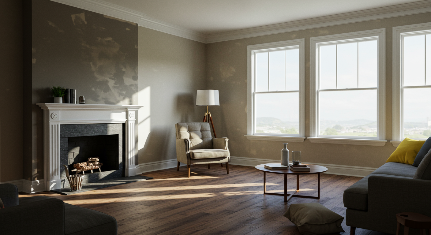 A beautifully restored living room with clean walls, fresh paint, and new furniture, symbolizing the results of a successful fire cleanup. The image conveys a sense of renewal and hope, with sunlight streaming through the windows.