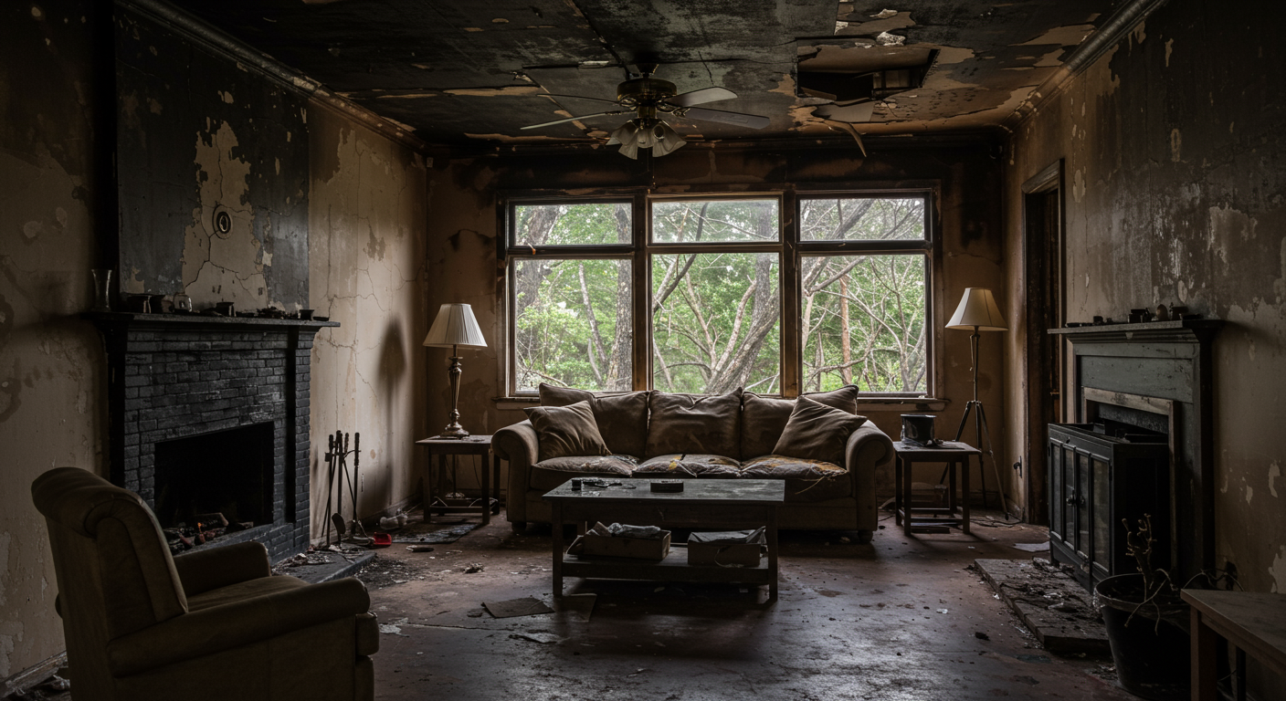 A beautifully restored living room with fresh paint, clean furniture, and no signs of fire damage.