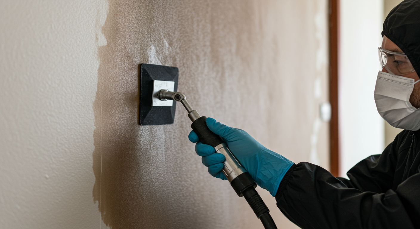 A close-up shot of a technician using advanced tools to remove smoke stains from a wall. The image highlights the precision and care involved in restoring fire-damaged surfaces.