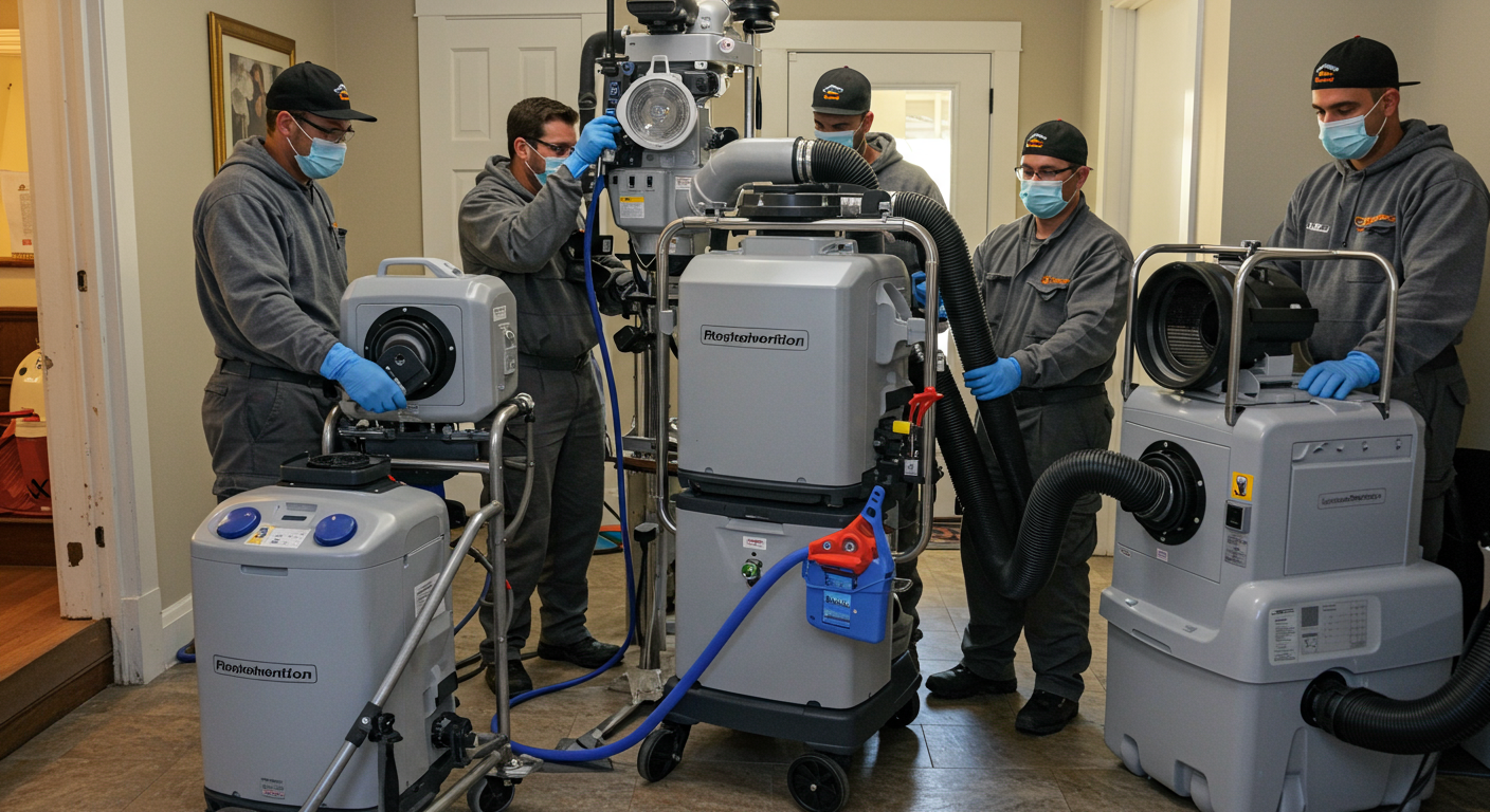 A team of fire damage restoration experts using advanced equipment like air scrubbers and dehumidifiers to eliminate smoke odors and improve air quality inside a home.