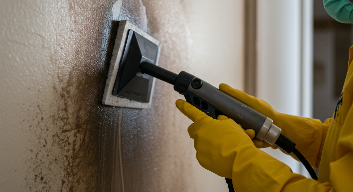 A close-up of a technician using advanced cleaning tools to remove soot from a wall. The focus is on the cleaning process, with visible progress from dirty to clean surfaces.