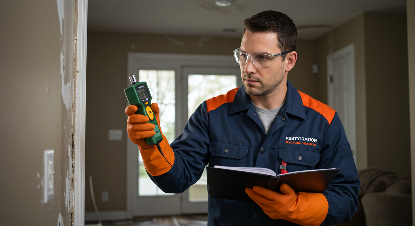 Restoration technician inspecting damage