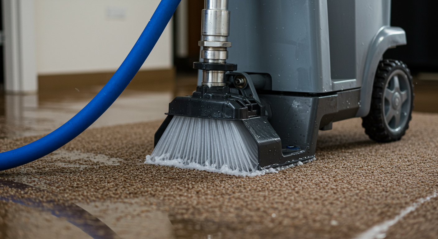 Close-up of advanced water extraction equipment being used to remove water from a flooded carpet.