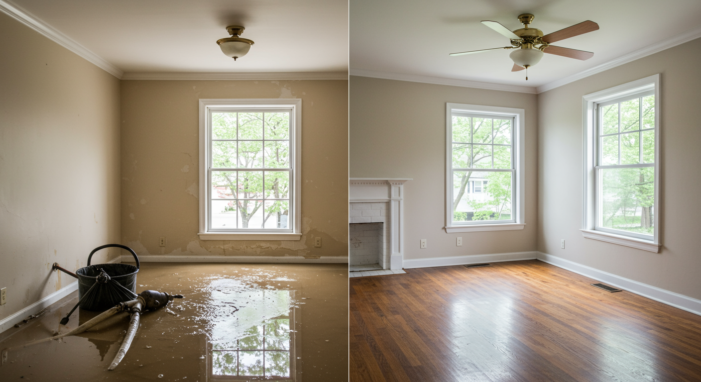 A split image showing a flooded room before cleanup on one side and the same room fully restored and clean on the other side. This highlights the effectiveness of flood damage restoration services.