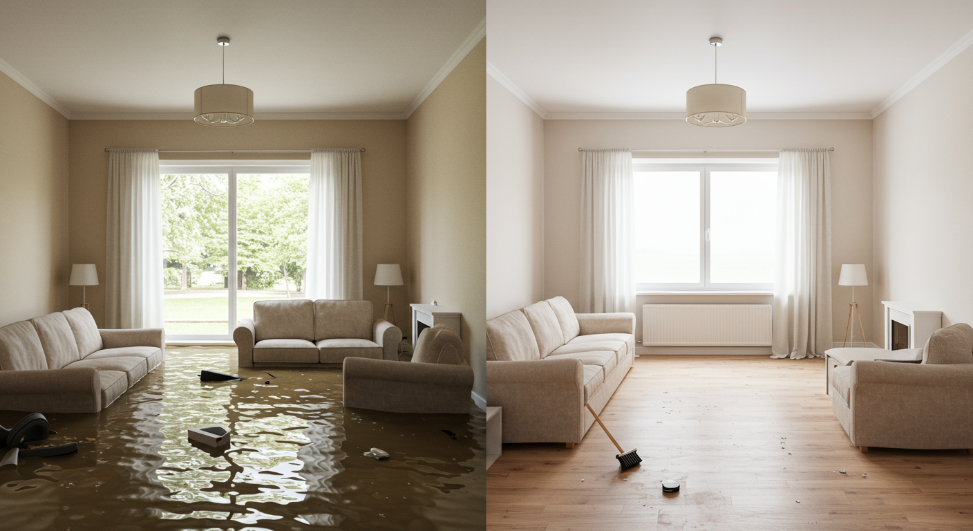 A split image showing a flooded room before and after water removal, highlighting the effectiveness of the service.