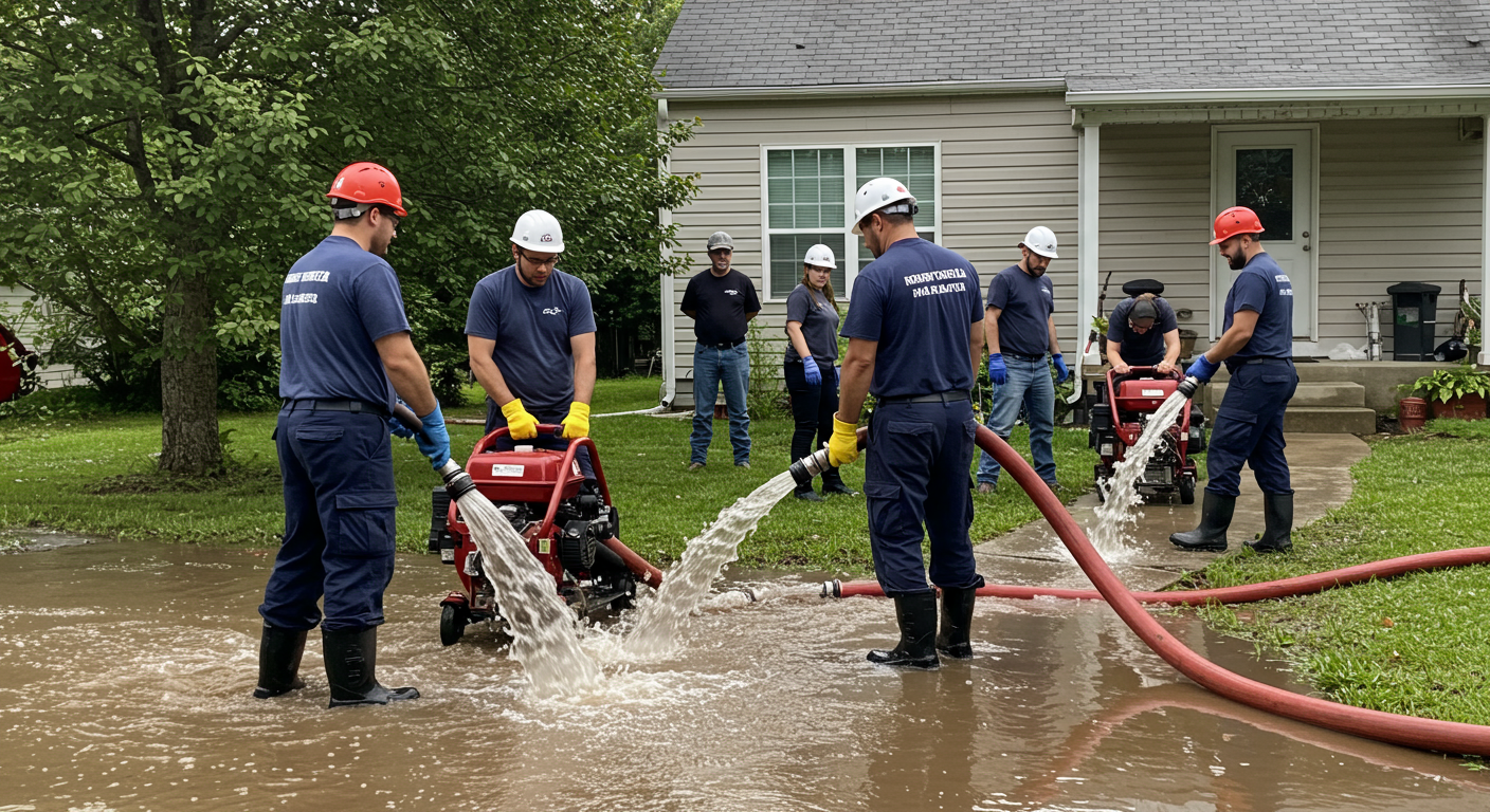 A group of restoration professionals working together to remove water from a flooded residential area. They are using pumps and hoses, showcasing teamwork and urgency.