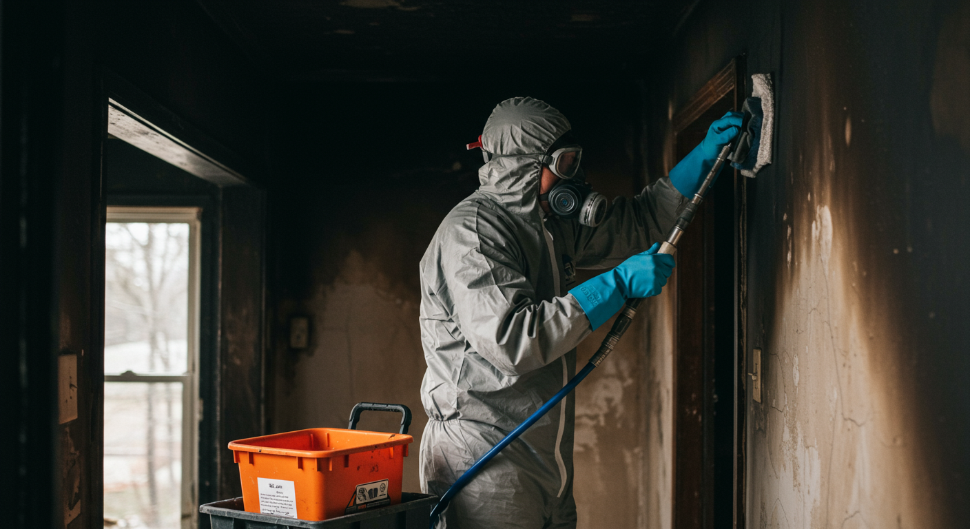 A restoration technician working diligently to clean soot from the walls of a home, with tools and equipment visible. The technician wears protective gear, showcasing professionalism and care.