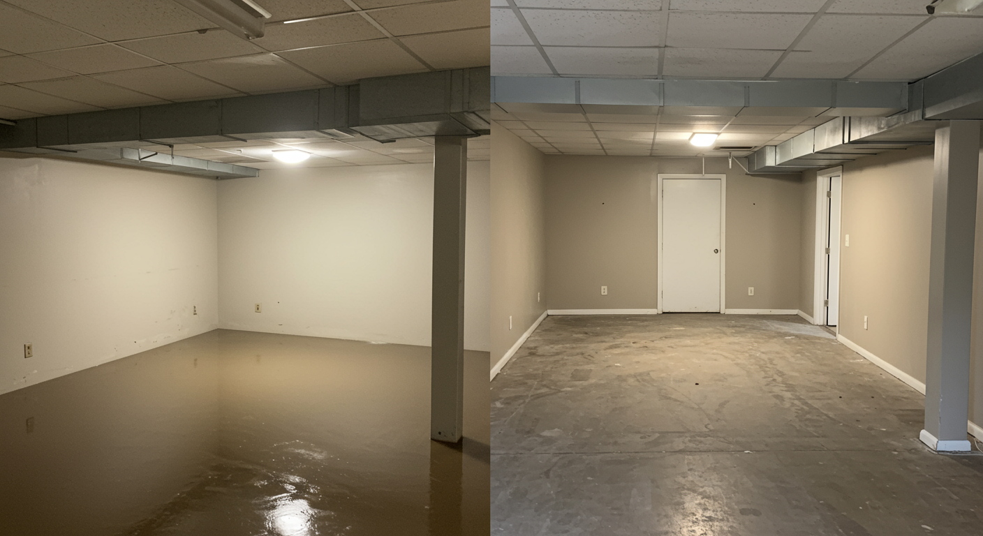 A split image showing a flooded basement before cleanup on one side and the same space completely dry and clean after the sewer backup has been addressed. This highlights the effectiveness of professional services.