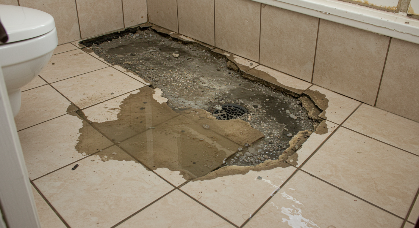 A close-up shot of a bathroom floor with visible signs of sewage backup, such as water pooling and a damaged floor. This image highlights the urgency and seriousness of the situation.