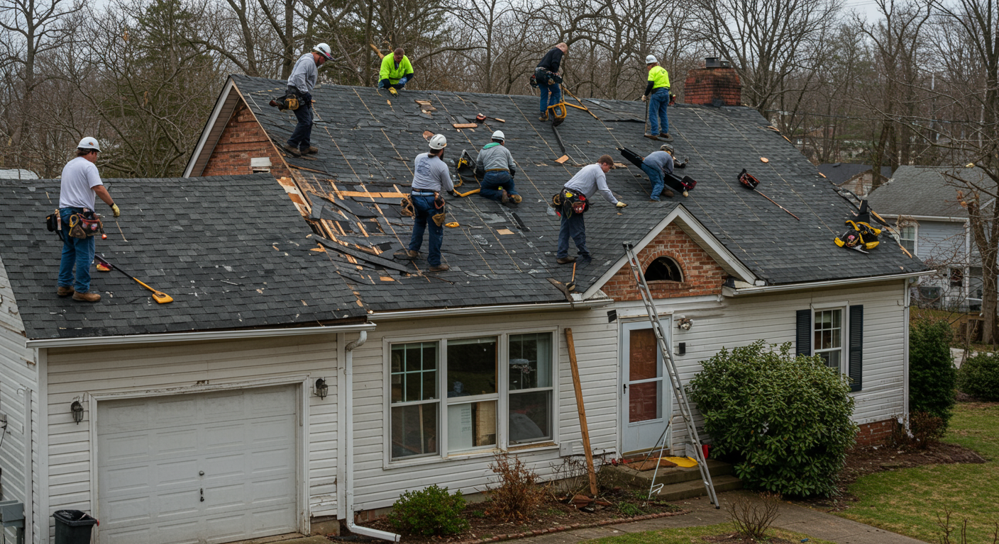 A storm-damaged property with a restoration crew repairing the roof, showcasing teamwork and community involvement in the restoration process.
