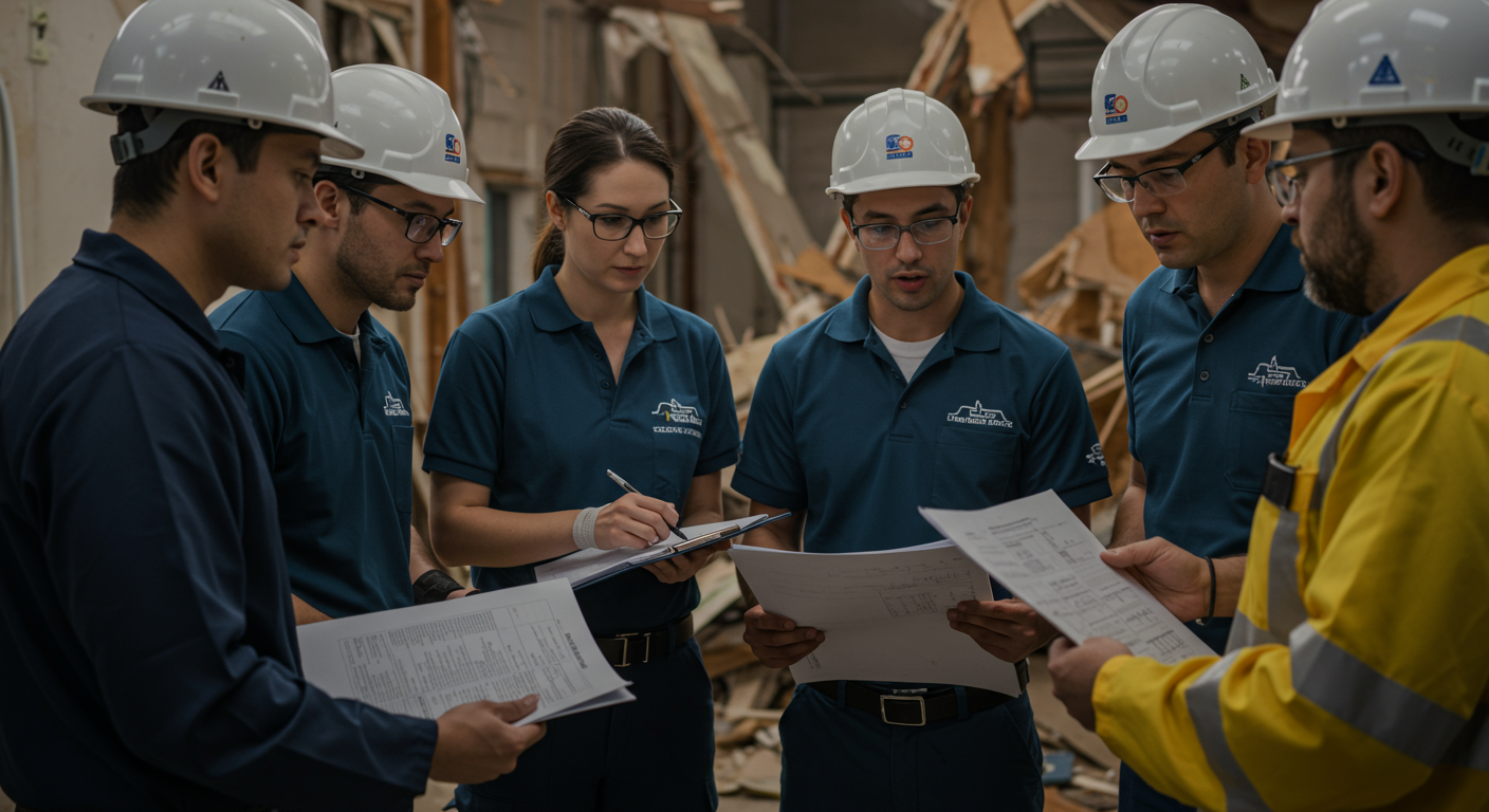 A team of restoration professionals collaborating on-site, discussing strategies while examining damage. They are engaged and focused, showcasing teamwork and expertise in emergency response.