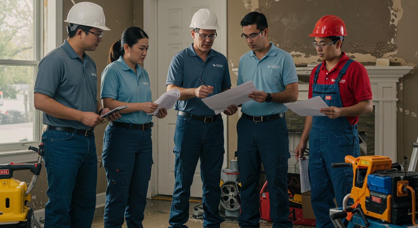 A team of water damage restoration professionals collaborating on a project, discussing plans while surrounded by restoration equipment. The setting is a home affected by water damage.