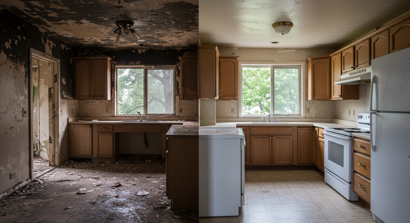 A split image showing a fire-damaged kitchen on one side and the same kitchen fully restored on the other. The damaged side has charred walls and broken cabinets, while the restored side is clean, bright, and fully repaired.