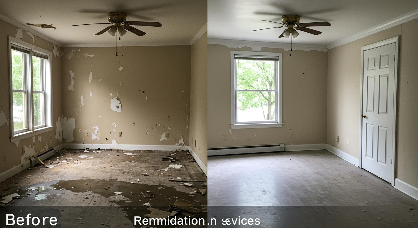 A before-and-after comparison of a restored room, showcasing the transformation from water damage to a clean, dry, and safe living space, emphasizing the effectiveness of remediation services.