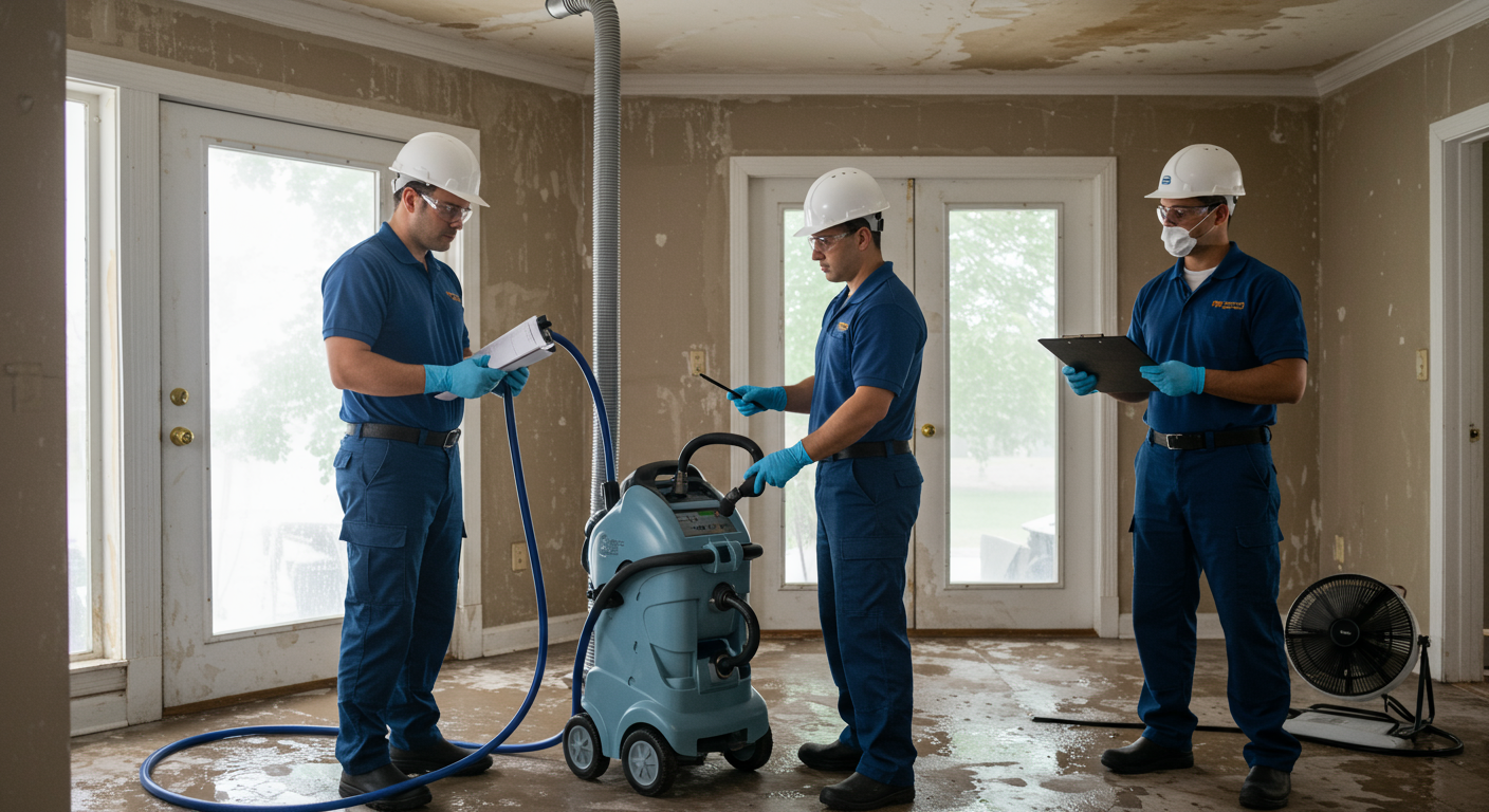 A professional restoration team actively working on a water-damaged home. One team member is using advanced drying equipment, while another is inspecting the damage with a clipboard. The background shows a partially restored room with visible water stains and drying fans.