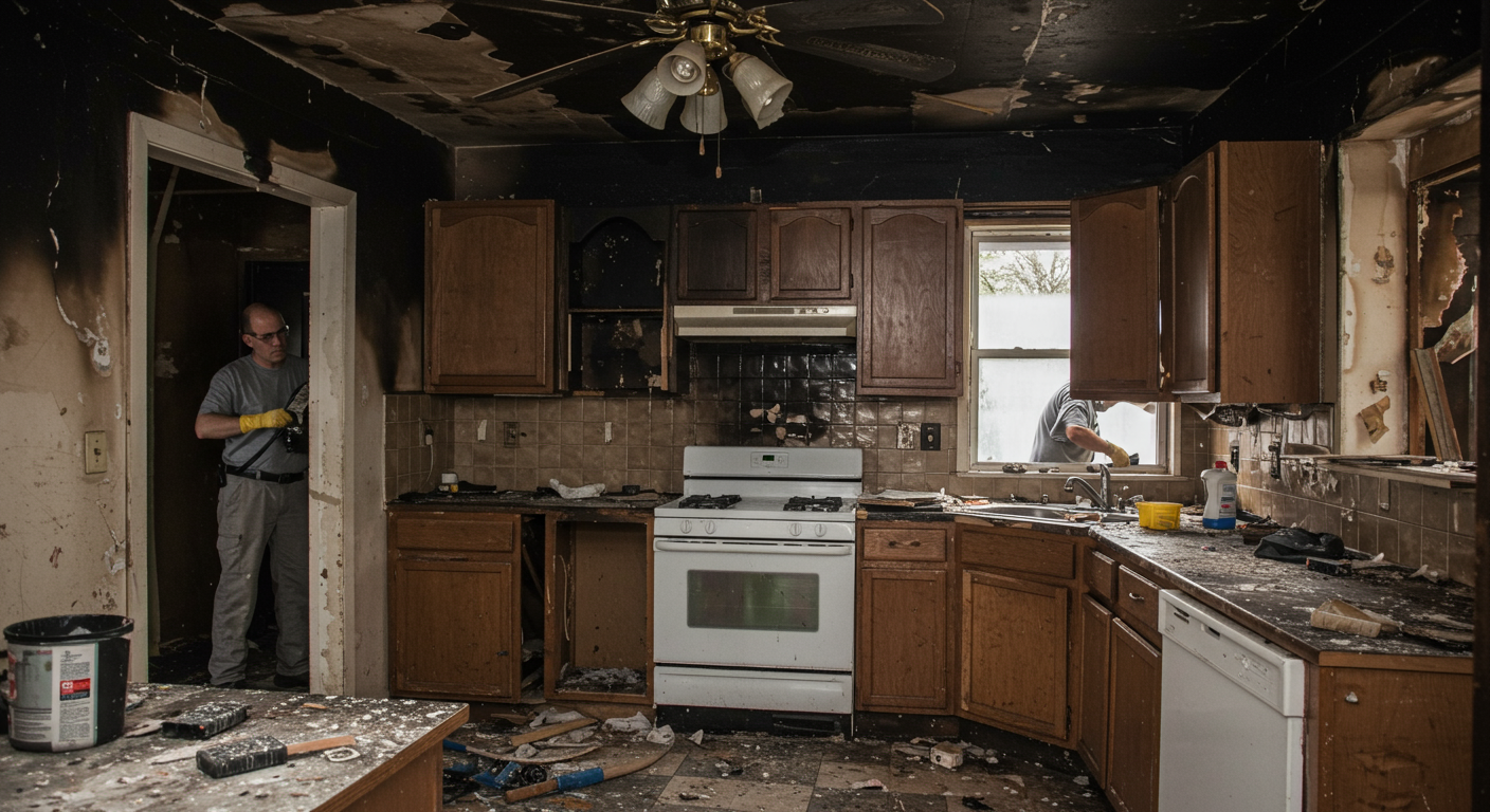A partially burned kitchen being repaired by a restoration team. One worker is cleaning soot from the walls while another is replacing damaged cabinets. The scene highlights the transformation from damage to restoration.