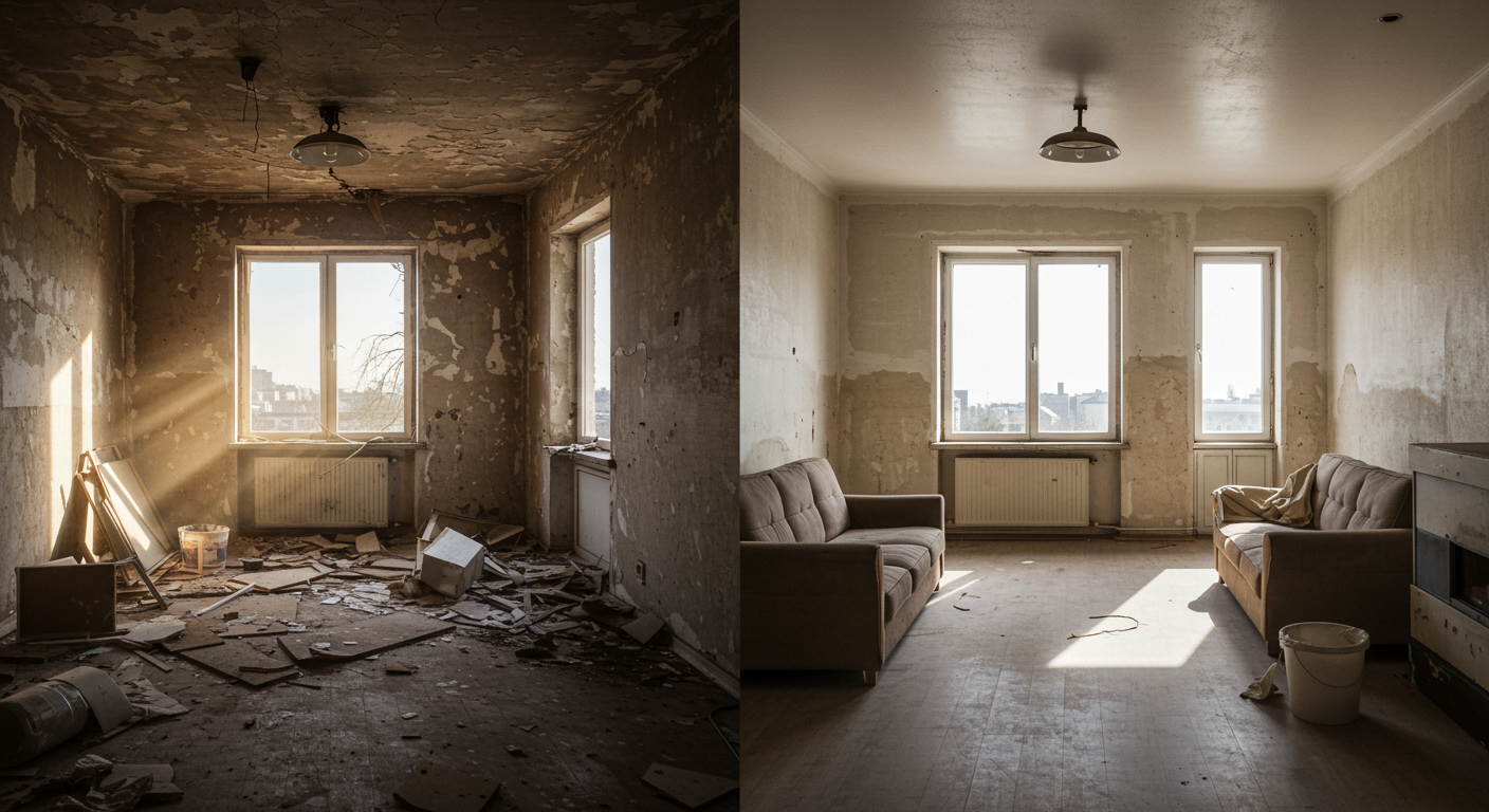 A flooded living room with a restoration worker assessing the damage