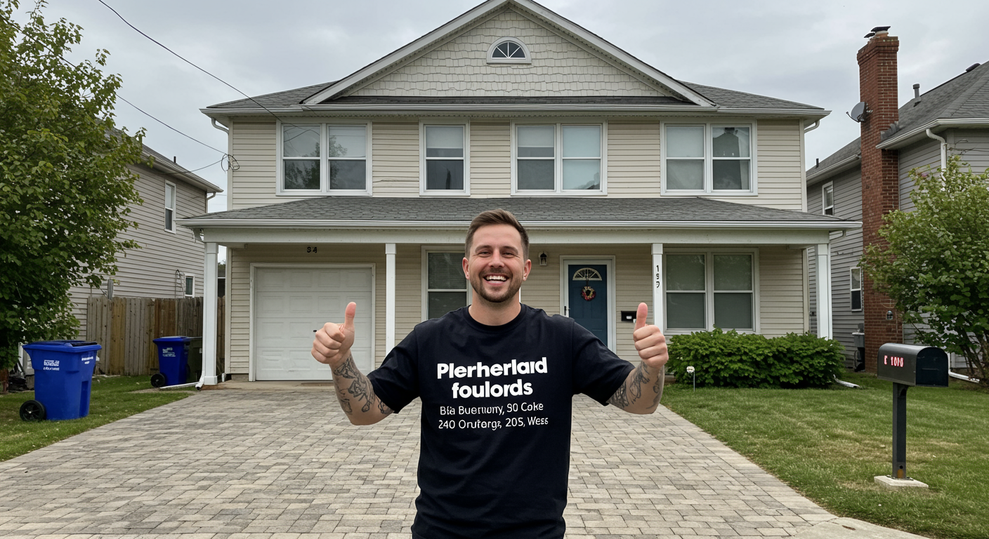 A smiling homeowner standing in front of their fully restored home, holding a thumbs-up gesture. The house looks pristine, with a clean driveway and a welcoming front porch.