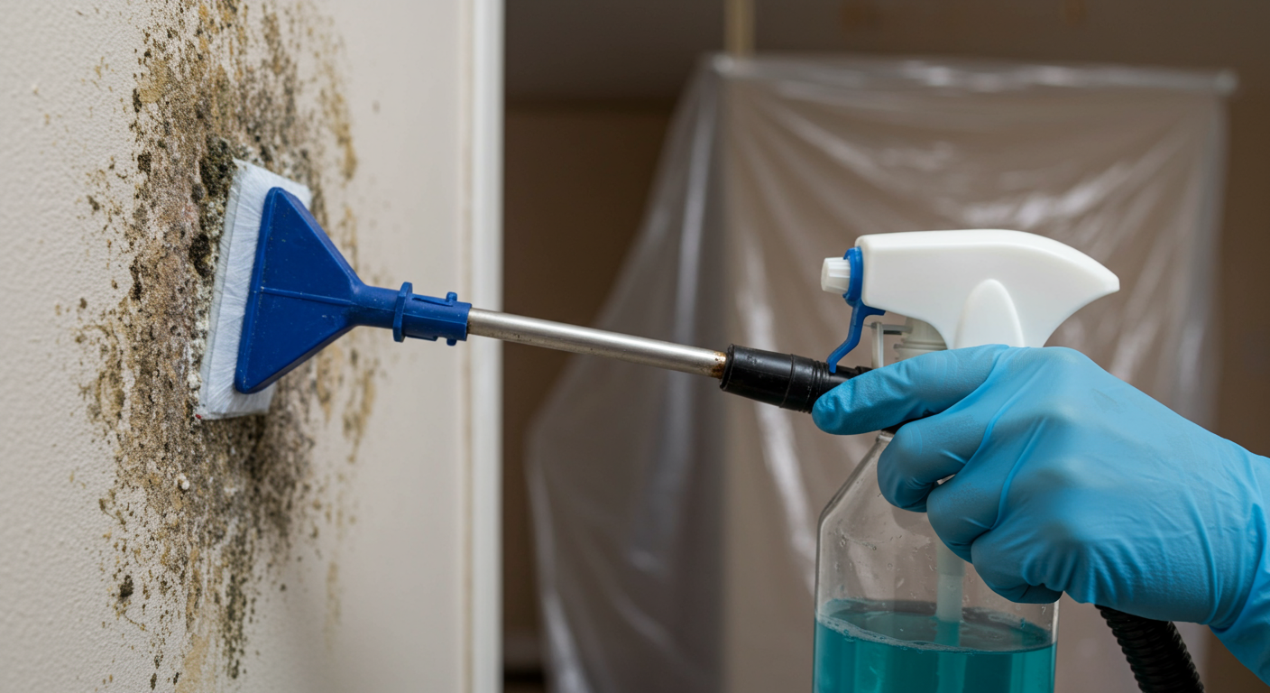 A close-up of a restoration specialist removing mold from a wall using eco-friendly cleaning solutions. The background shows a partially restored room with protective plastic sheeting covering unaffected areas. The image highlights the precision and care involved in mold remediation.