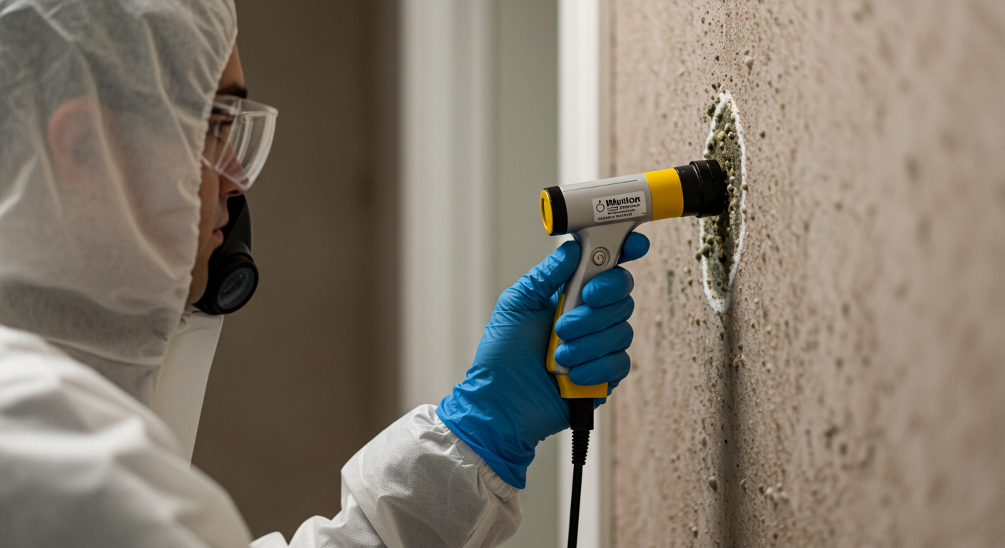 A close-up of a professional using specialized equipment to inspect mold growth on a wall, with a clean and mold-free wall in the background.