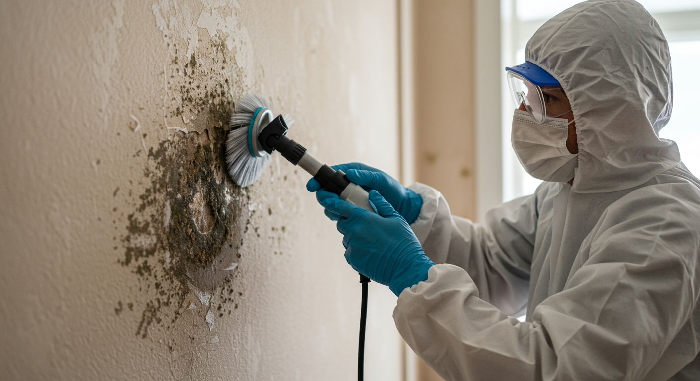 A close-up of a technician in protective gear removing mold from a wall in a residential home. The wall shows visible mold patches, and the technician is using specialized cleaning equipment. The background includes a clean, partially restored area.