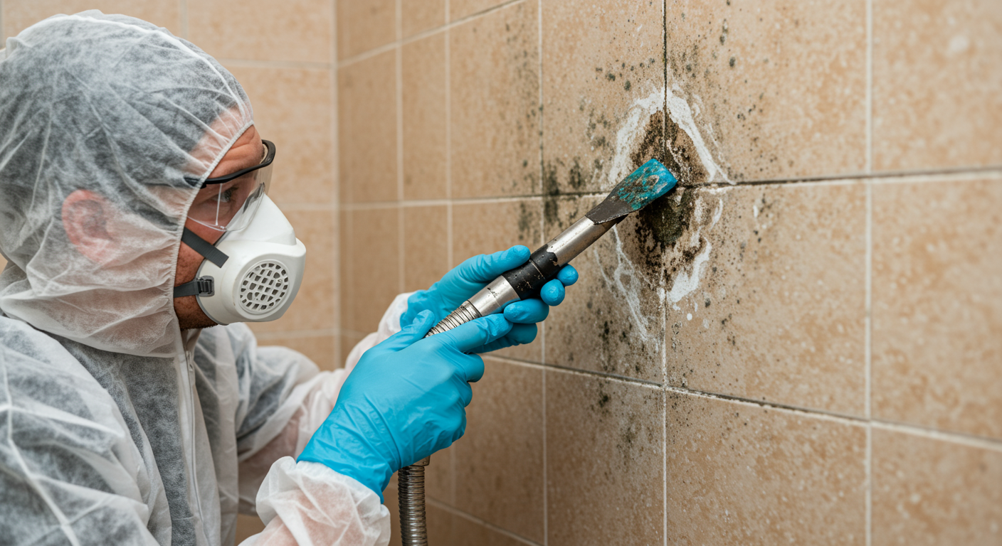 A close-up of a restoration expert in protective gear removing mold from a wall in a bathroom.