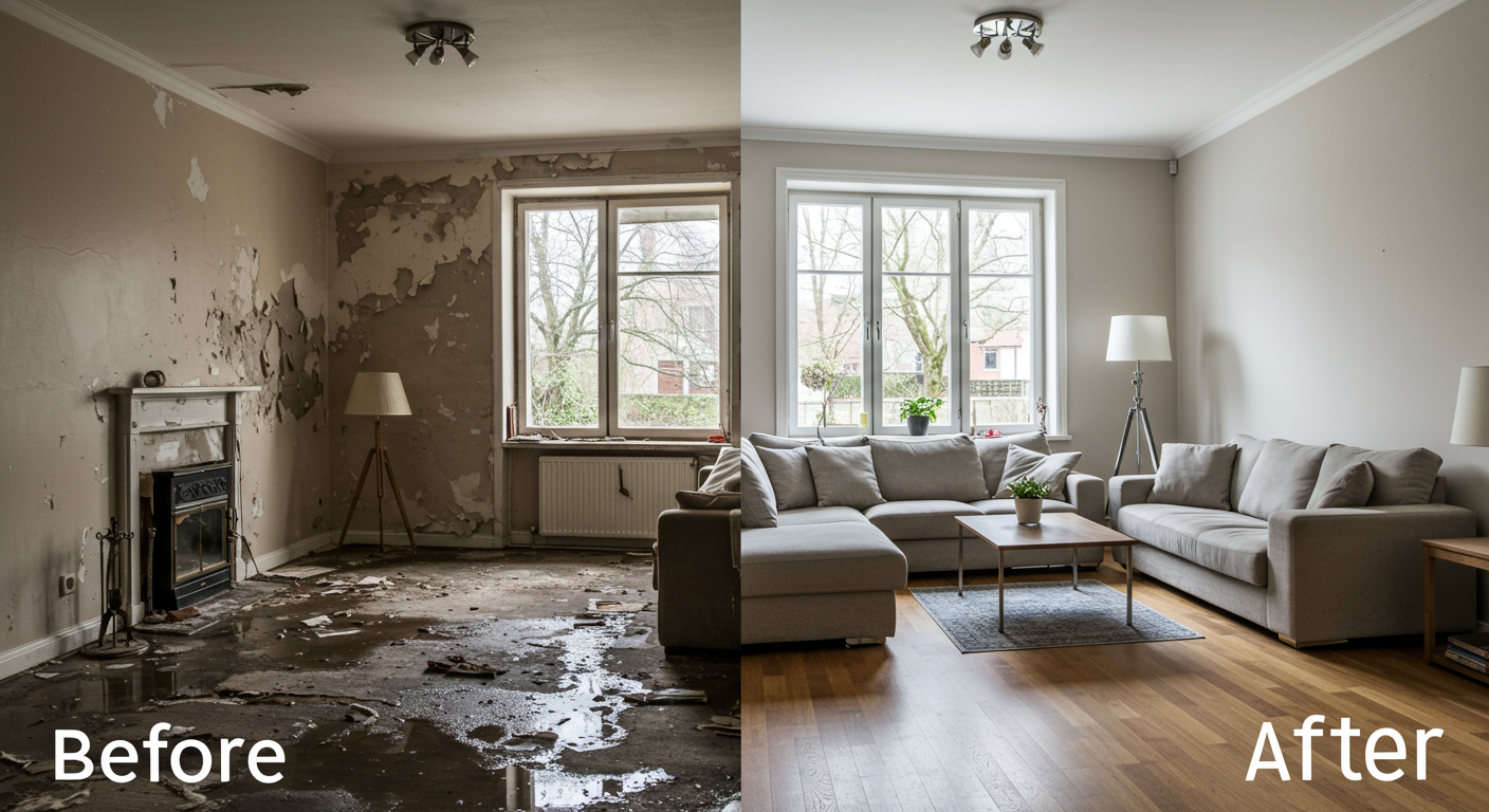 A split-screen before-and-after image of a water-damaged living room. The 'before' side shows water-soaked carpets, damaged furniture, and peeling paint, while the 'after' side displays a fully restored, clean, and vibrant room.