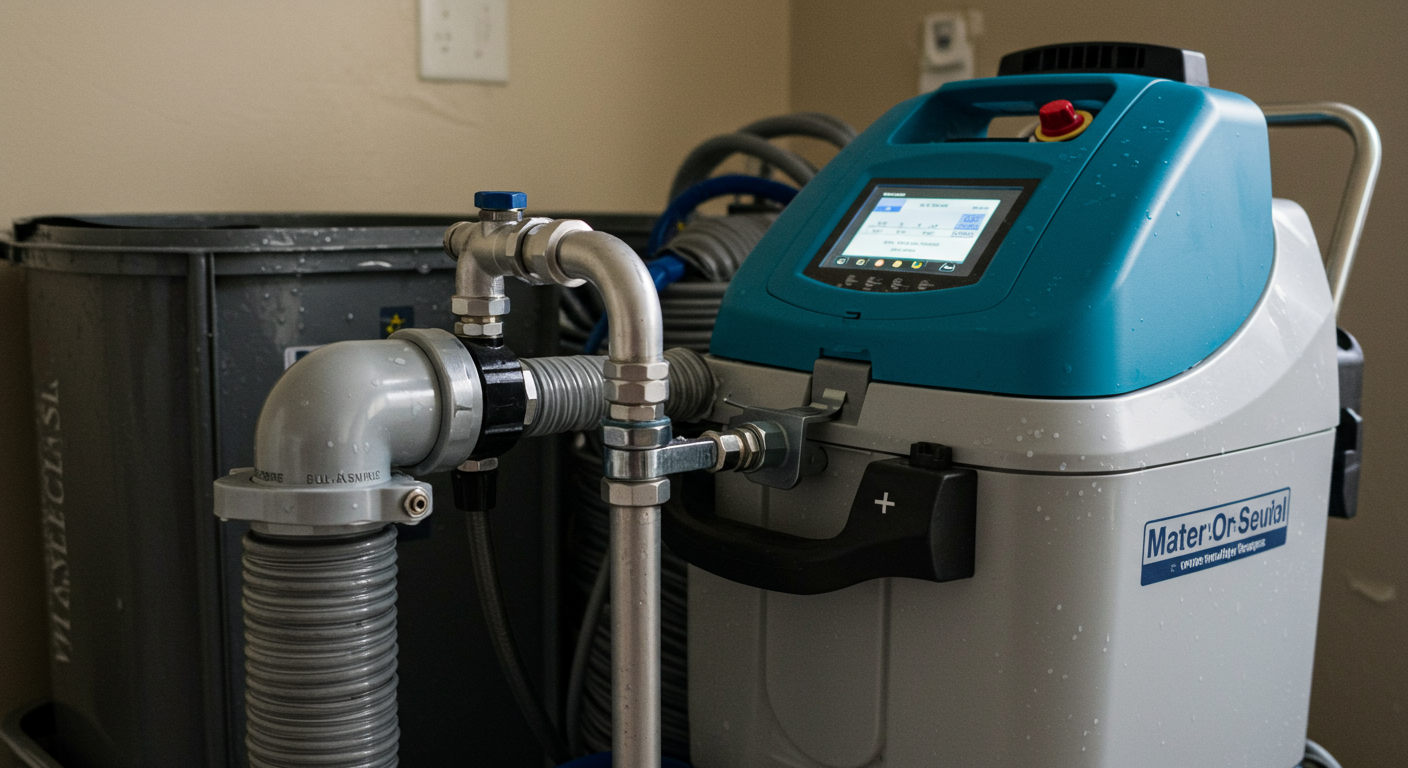 A close-up of high-tech water extraction and drying equipment set up in a home. The image focuses on the machinery, emphasizing the professionalism and technology used in water damage restoration.