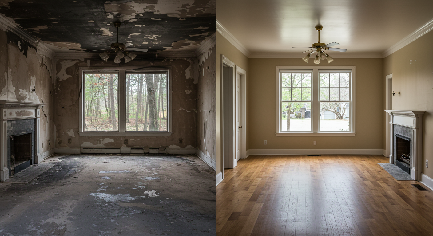 A before-and-after collage showing a room affected by fire damage on one side and the beautifully restored room on the other. This visual contrast highlights the transformation and effectiveness of restoration services.