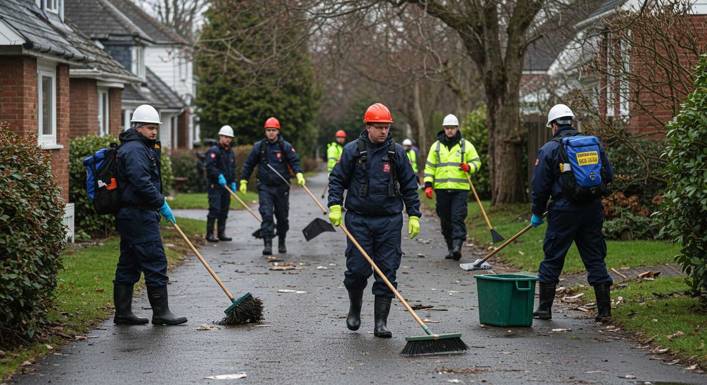 A team of professional disaster cleaners in action, wearing safety gear, as they clean up a flooded residential area. The scene captures the urgency and dedication of the workers.