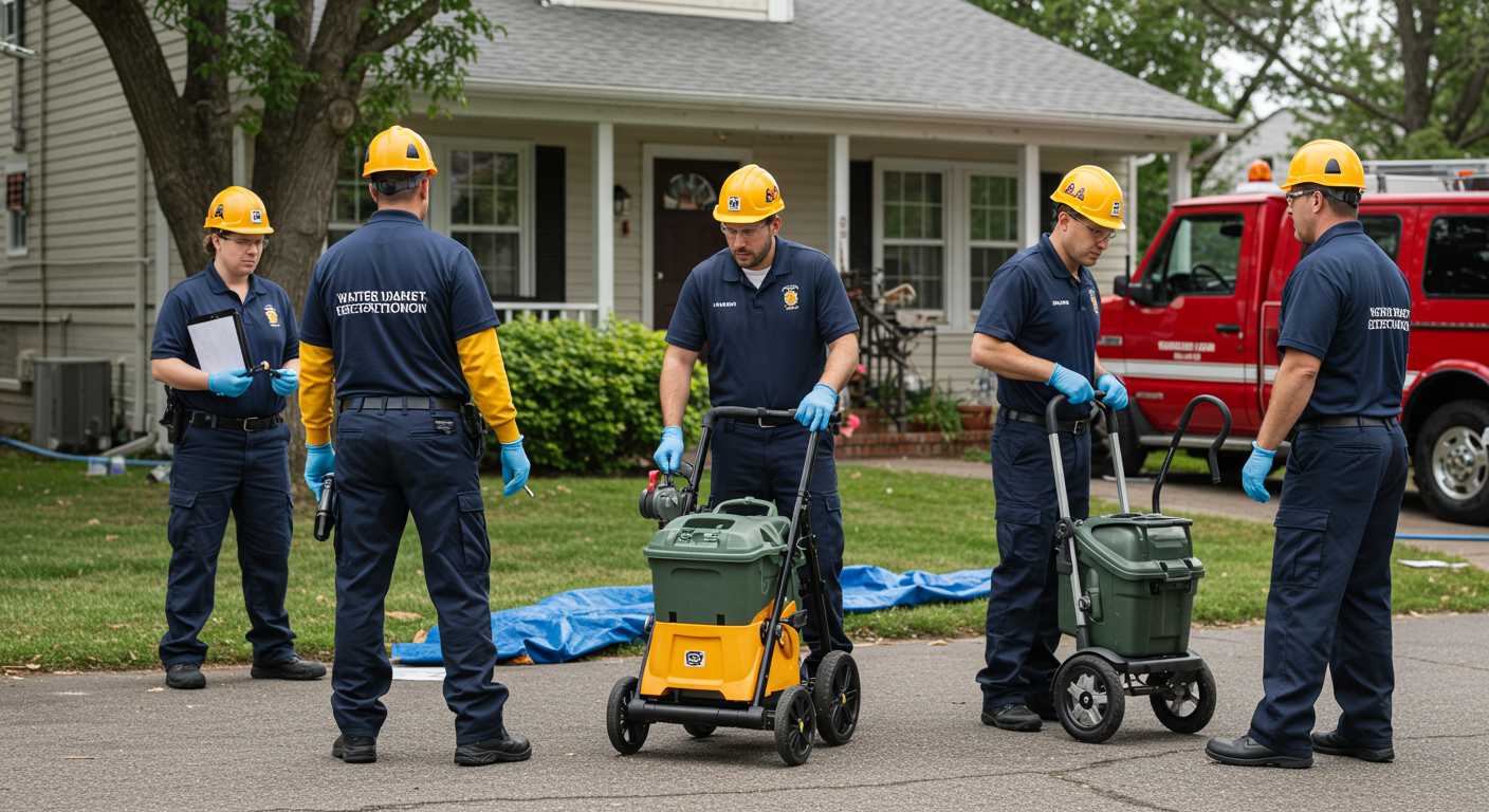 A team of professionals in uniforms and safety gear actively responding to a water damage emergency in a residential setting. They are using equipment to assess the damage and begin the restoration process.