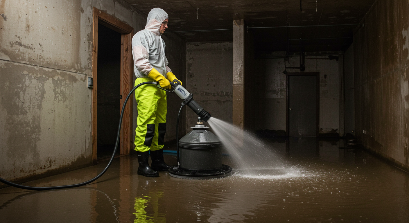 A technician in protective gear using a powerful water extraction machine in a flooded basement. The focus is on the technician actively working to remove water, showcasing urgency and professionalism.