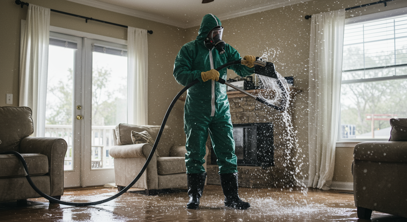 A professional restoration technician in protective gear is actively removing water from a flooded living room, showcasing the urgency of emergency services.