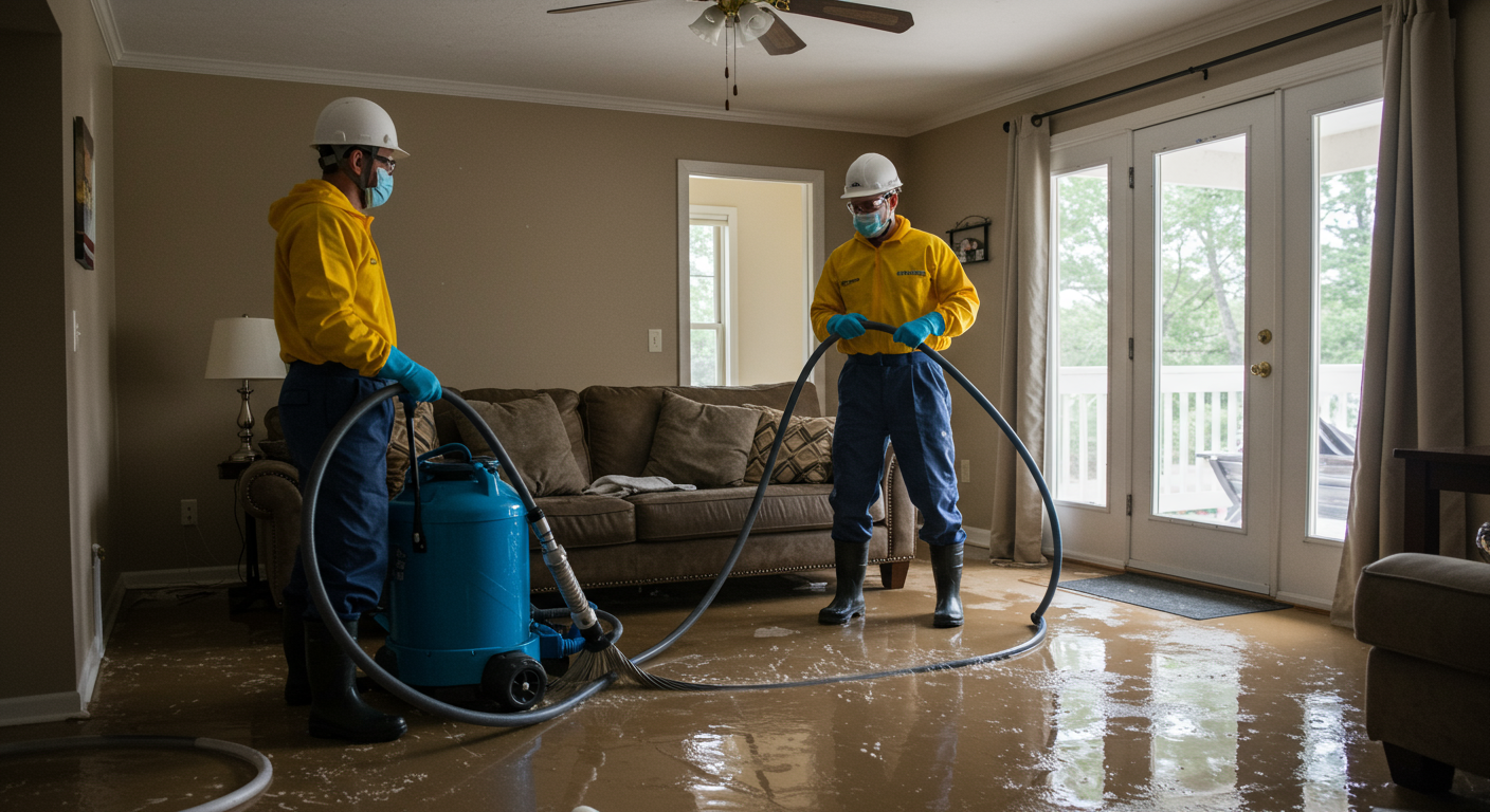 A professional flood restoration team in action, wearing safety gear, using water extraction equipment in a flooded living room. The scene captures the urgency and professionalism of the restoration process.