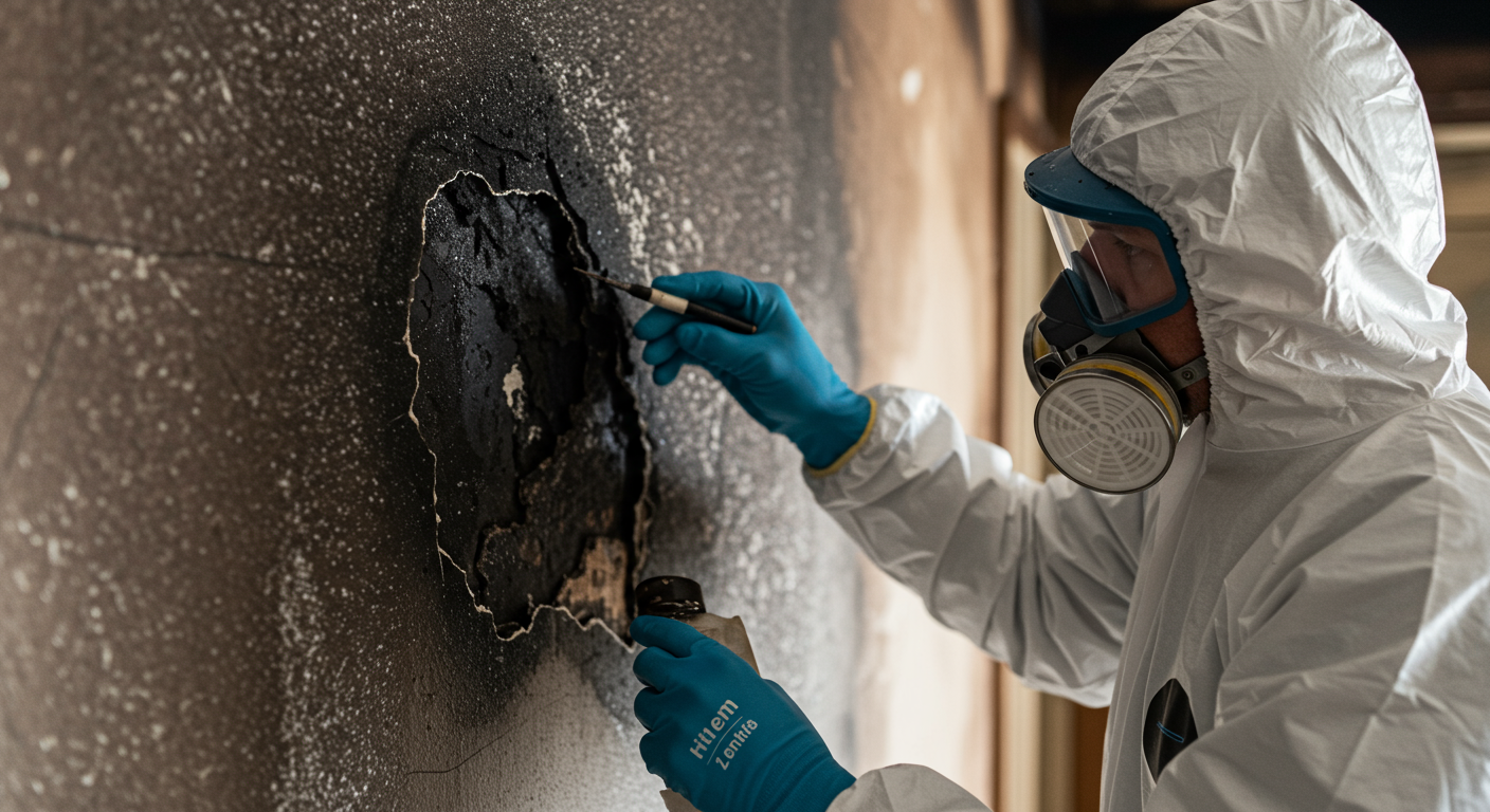 A close-up of a restoration professional wearing safety gear, carefully inspecting a smoke-damaged wall in a residential home. The focus is on the texture of the soot and damage, highlighting the cleanup process.