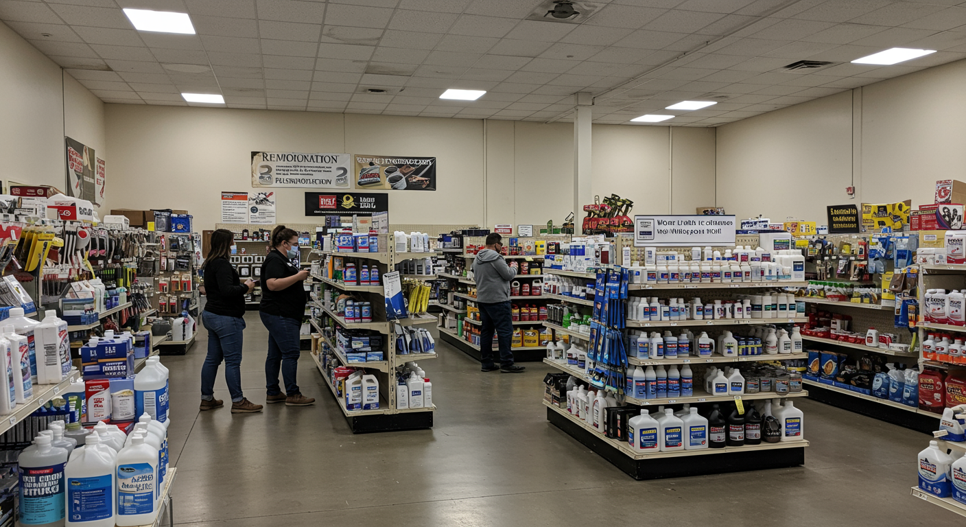 A wide shot of a local hardware store in Florence, KY, showcasing a well-organized display of various remediation supplies such as cleaning agents, protective gear, and tools. Customers are seen browsing the aisles, engaging with staff.