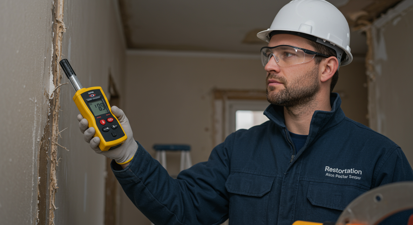 A close-up of a restoration technician using a moisture meter to assess water damage in a wall, with a focused expression. The background shows partially removed drywall and restoration tools.