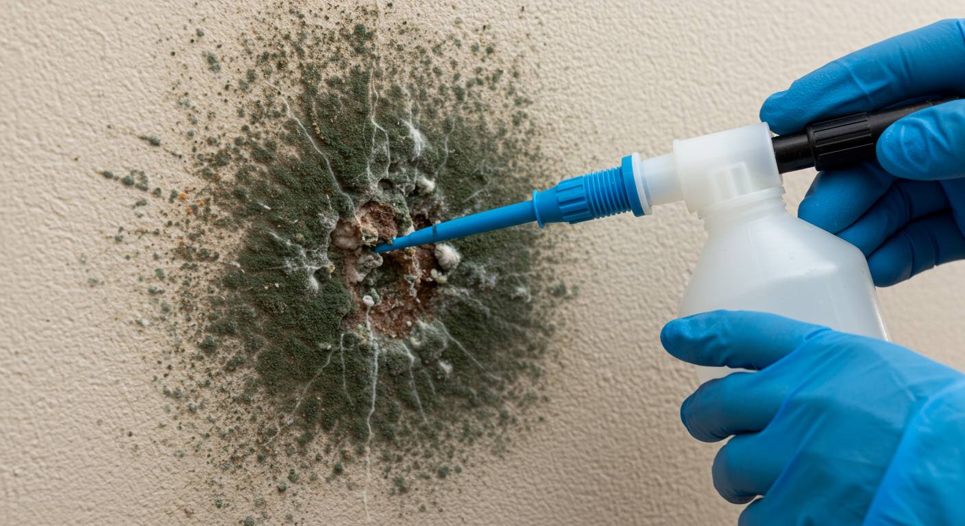 A close-up of mold growth on a wall, with a technician applying mold remediation solutions. The image highlights the importance of addressing mold issues during water damage restoration.